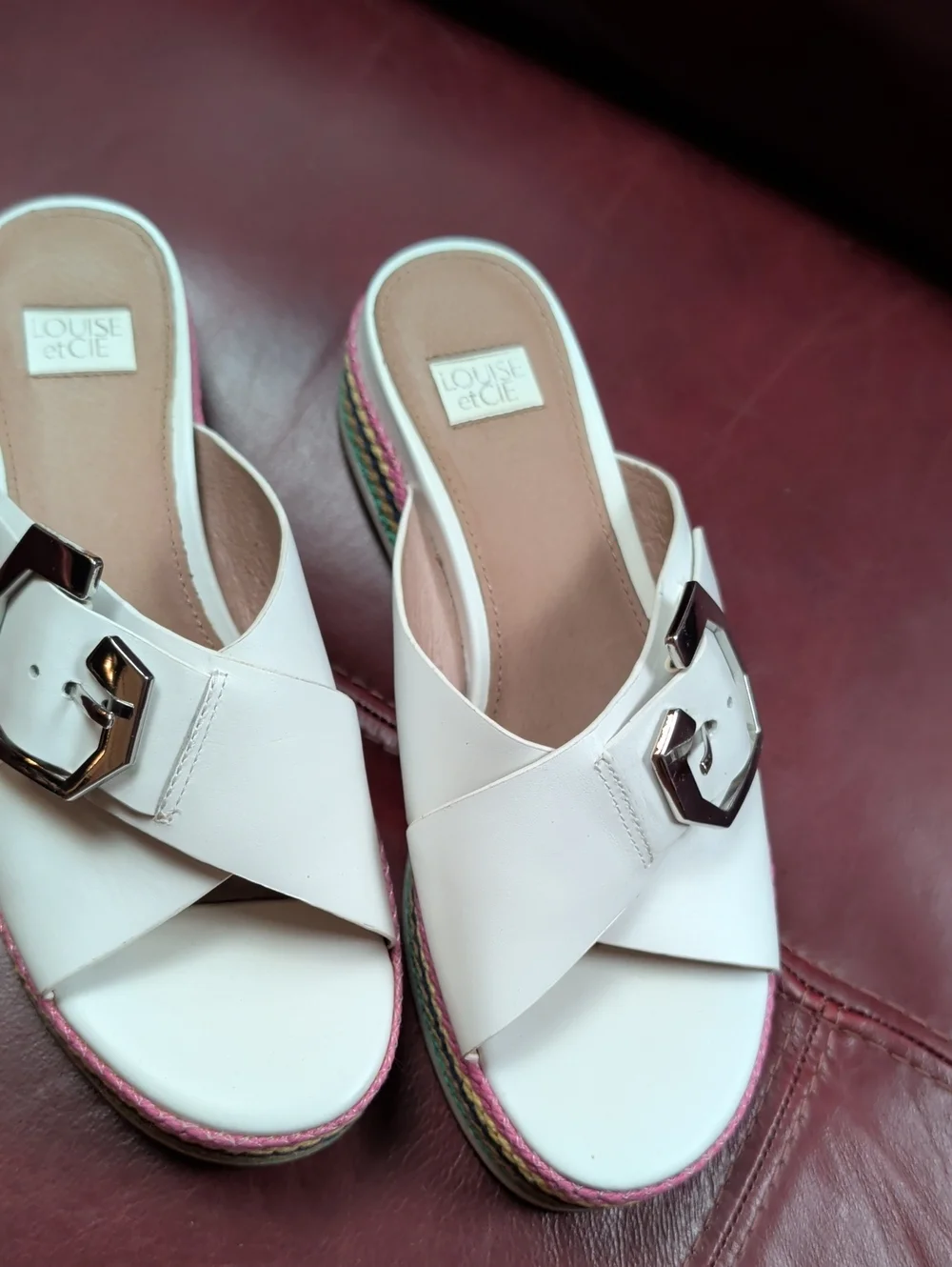 Louise et Cie White Leather Platform Slide Sandals with Rainbow 6.5